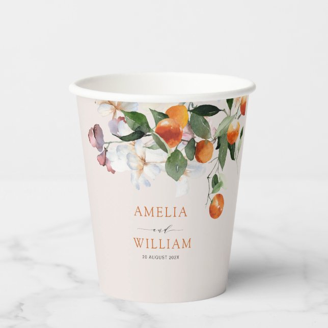 modern citrus oranges and greenery wedding paper cups (Front)
