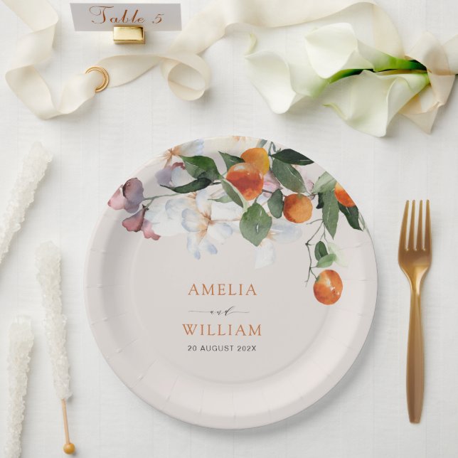 modern citrus oranges and greenery wedding paper plate (Wedding)