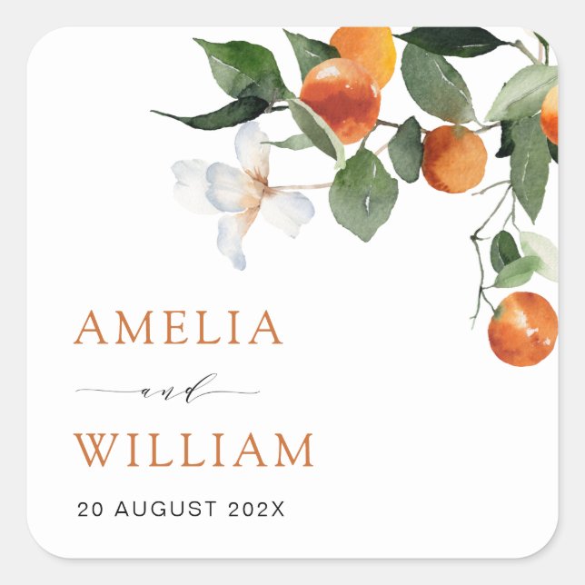 modern citrus oranges and greenery wedding square sticker (Front)