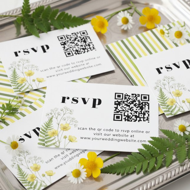 Modern Citrus Wildflower Stripe QR RSVP Enclosure Card (QR Code Online RSVP Cards - from Citrus Green Wildflower wedding collection by Darling & May)