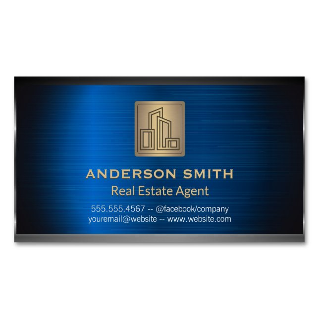 Modern City Building Logo Gold Metallic Background Magnetic Business Card (Front)