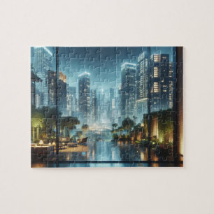 Modern City View at Raining Night Jigsaw Puzzle
