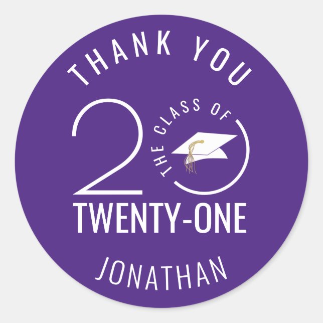 Modern CLASS OF 2021 Graduation THANK YOU Purple Classic Round Sticker (Front)