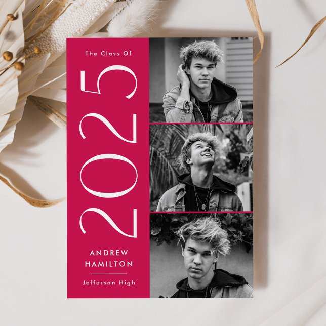 Modern Class of 2023 Magenta 3 Photo Graduation Announcement (Creator Uploaded)