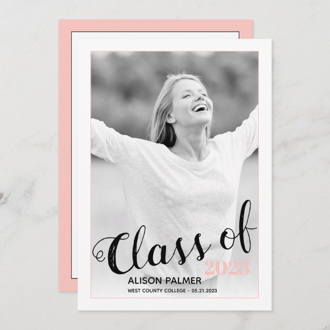 Modern Class of 2023 script blush pink photo Invitation (Front/Back)