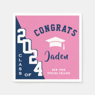 Modern Class of 2024 Navy Pink Graduation Party Napkin