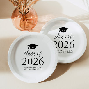 Modern Class of 2025 Black Script Graduation Paper Plate