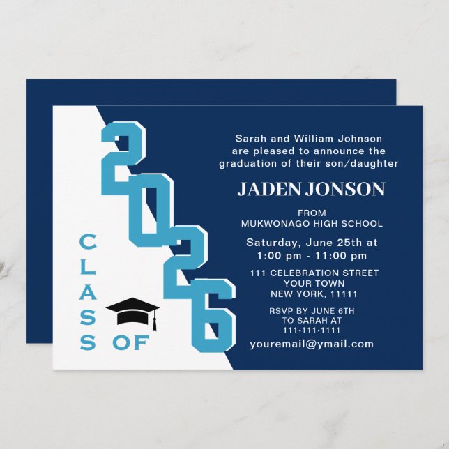 Modern Class of 2025 Blue White Graduation Party Invitation (Front/Back)