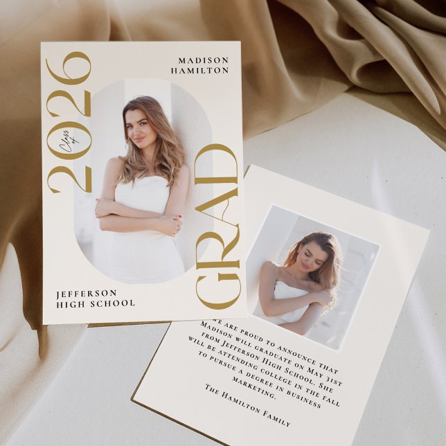 Modern Class of 2025 Gold Grad 2 Photo Graduation Announcement (Creator Uploaded)