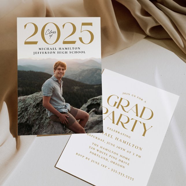 Modern Class of 2025 Gold Photo Graduation Party Invitation (Creator Uploaded)