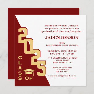 Modern Class of 2025 Golden Red Graduation Party Invitation