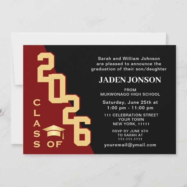 Modern Class of 2025 Golden Red Graduation Party Invitation (Front)