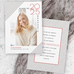 Modern class of 2025 graduate black, red photo announcement