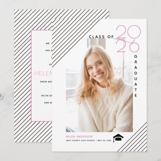 Modern class of 2025 graduate pink photo announcement (Front/Back)