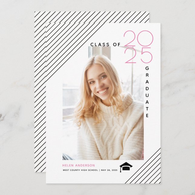 Modern class of 2025 graduate pink photo announcement (Front/Back)