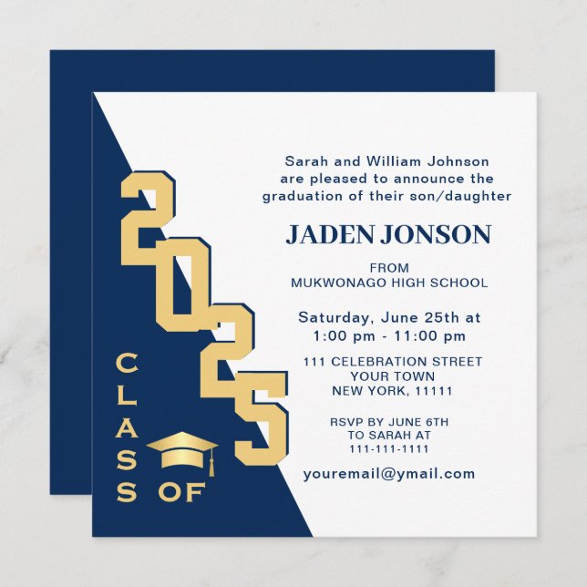 Modern Class of 2025 Navy Blue Graduation Party Invitation (Front/Back)