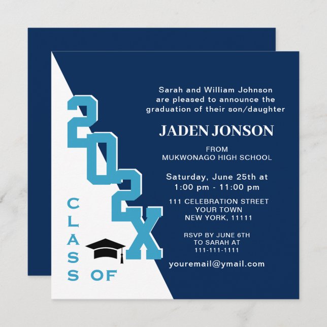 Modern Class of 2025 Navy Blue Graduation Party Invitation (Front/Back)