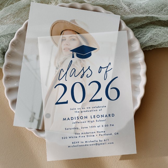 Modern Class of 2025 Navy Graduation Party Vellum Invitations (Creator Uploaded)