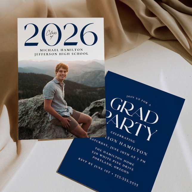 Modern Class of 2025 Navy Photo Graduation Party Invitation (Creator Uploaded)