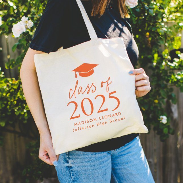 Modern Class of 2025 Orange Script Graduation Tote Bag (Creator Uploaded)