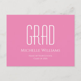 Modern Class of 2025 Pink Typography Graduation  Announcement Postcard