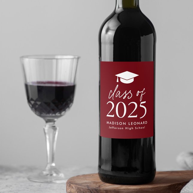 Modern Class of 2025 Script Burgundy Graduation Wine Label (Creator Uploaded)