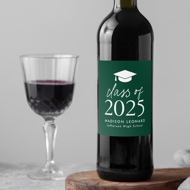 Modern Class of 2025 Script Green Graduation Wine Label (Creator Uploaded)