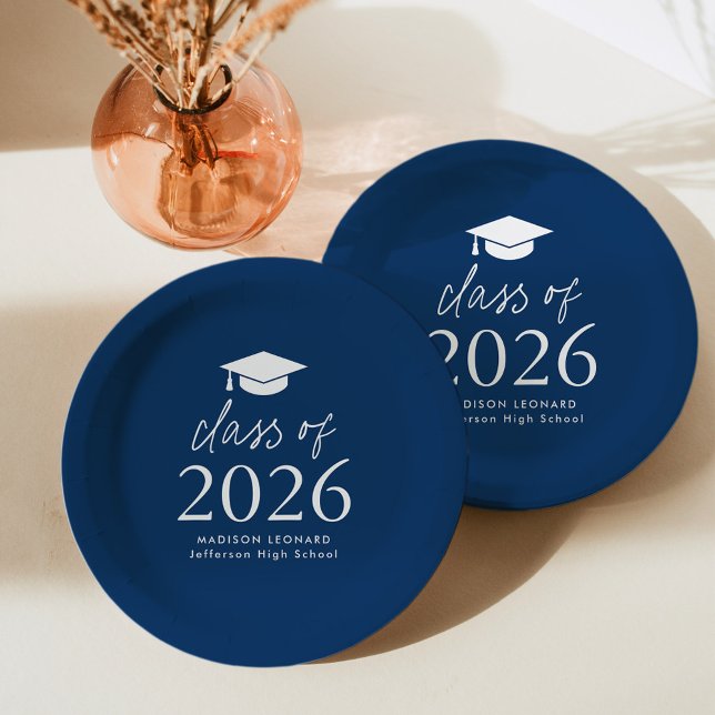 Modern Class of 2025 Script Navy Blue Graduation Paper Plate (Creator Uploaded)