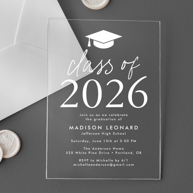 Modern Class of 2025 White Graduation Party Acrylic Invitations (Creator Uploaded)