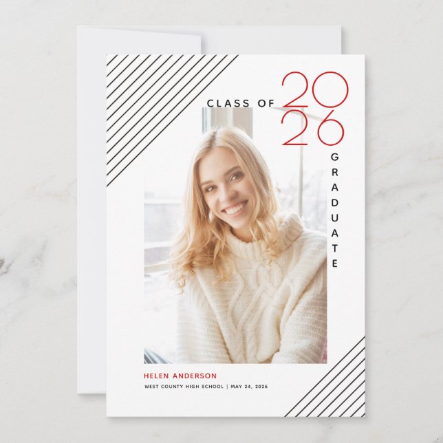 Modern class of 2026 graduate black, red photo announcement (Front)