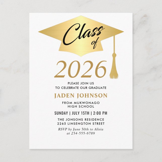 Modern class of 2026 Graduation Party Invitation Postcard (Front)