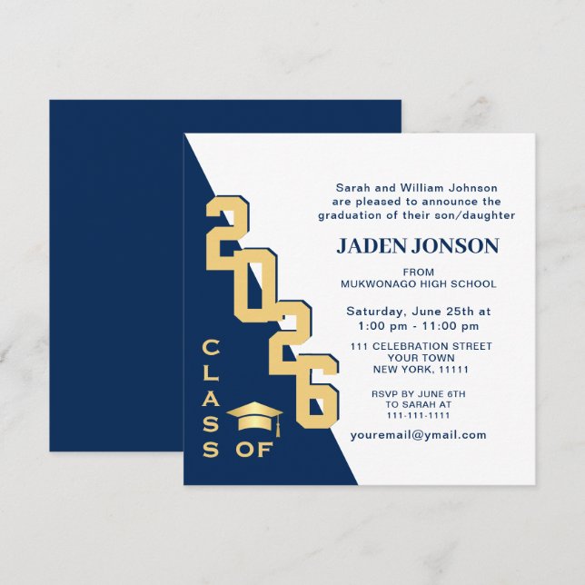 Modern Class of 2026 Navy Blue Graduation Party Invitation (Front/Back)