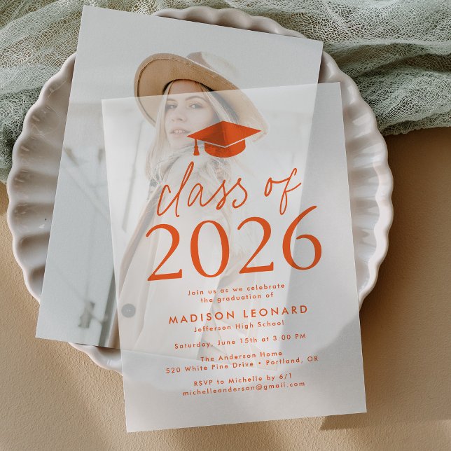 Modern Class of 2026 Orange Graduation Party Vellum Invitations (Creator Uploaded)