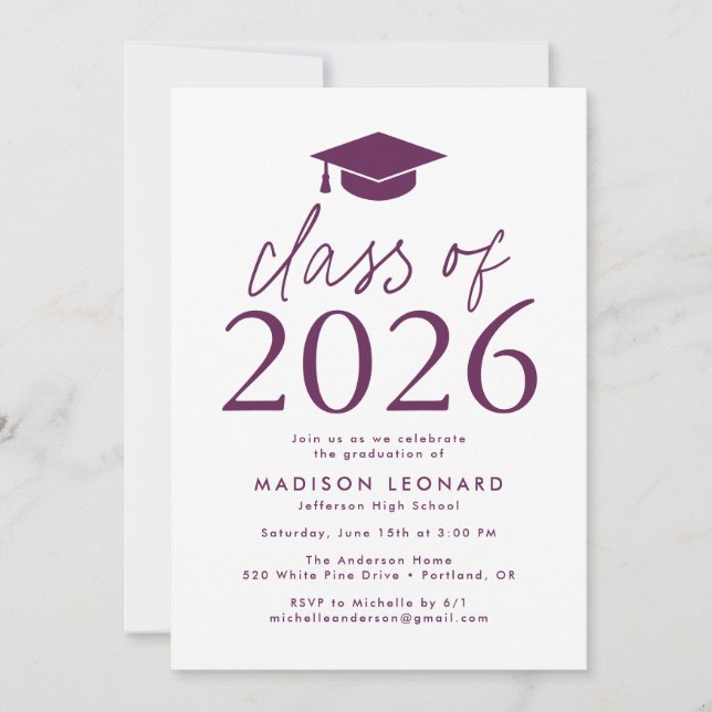 Modern Class of 2026 Purple Graduation Party Invitation (Front)