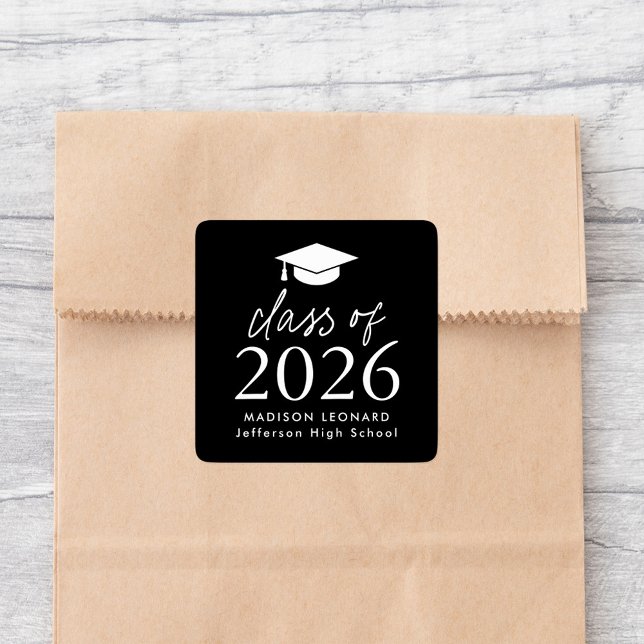Modern Class of 2026 Script Black Graduation Square Sticker (Creator Uploaded)