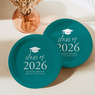 Modern Class of 2026 Script Teal Graduation Paper Plate