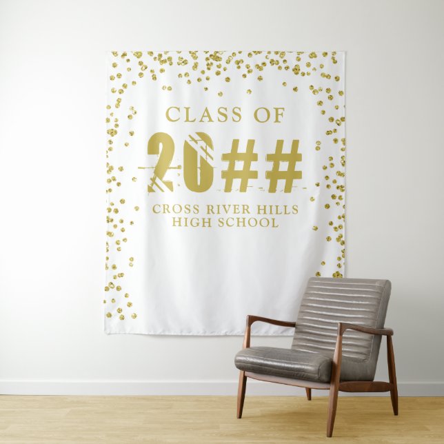 Modern CLASS OF 20XX Gold Confetti Photo Backdrop Tapestry (In Situ)