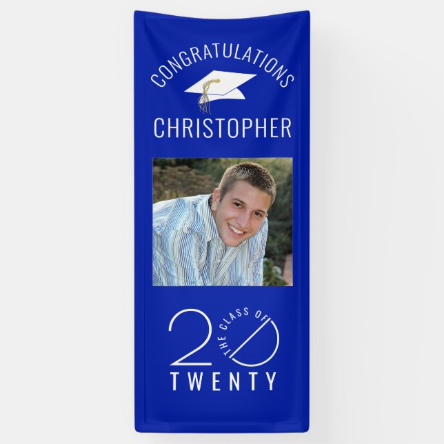 Modern CLASS OF 20XX Photo Royal Blue Graduation Banner (Vertical)