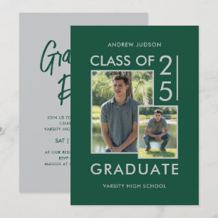 Modern Class Of 25 Green Silver 2 Photo Grad Party Invitation