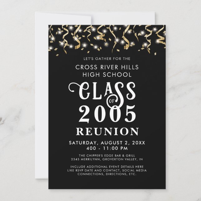 Modern Class Reunion Black Gold Confetti Streamers Invitation (Front)