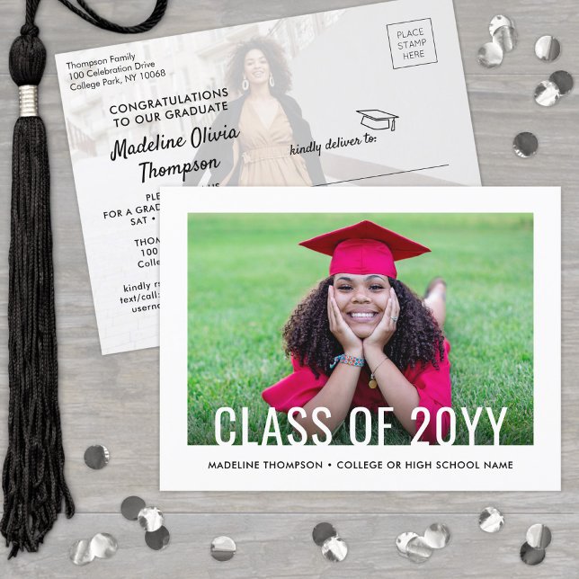 Modern Class Year & 2 Graduate Photos Graduation Invitation Postcard (Creator Uploaded)