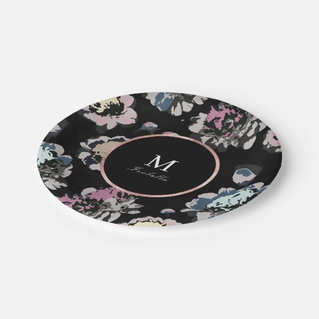 Modern classic black abstract floral monogram paper plate (Angled)