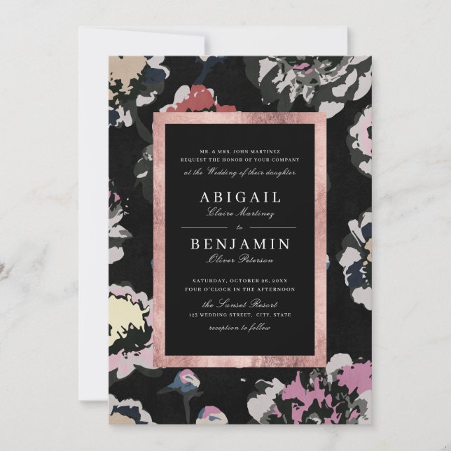 Modern classic black abstract floral wedding invitation (Front)