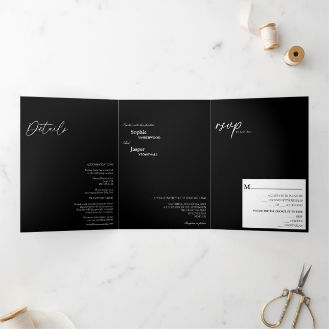 Modern Classic Black Tri-Fold Wedding Invitation (Inside)