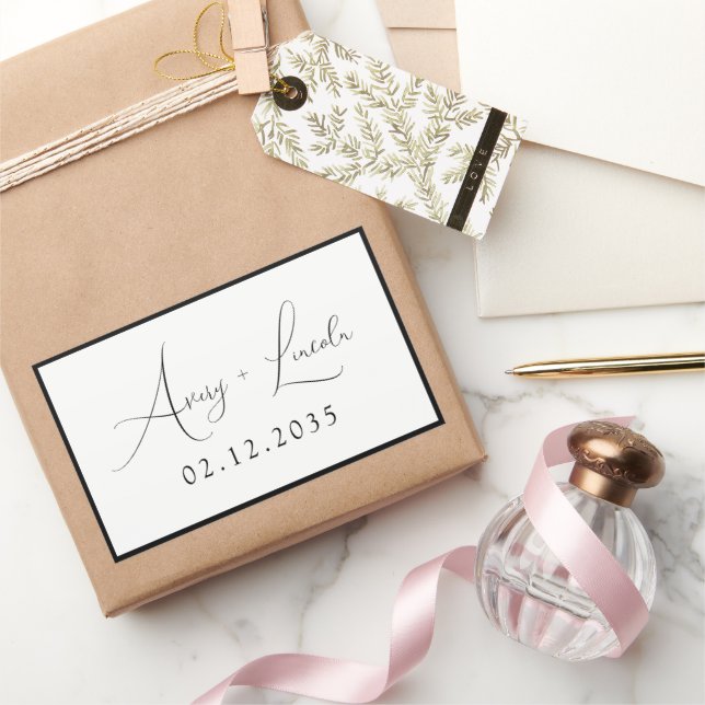 Modern Classic Black & White Border Script Wedding Rectangular Sticker (Gifting)