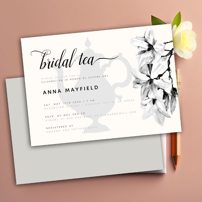 Modern Classic Black White Magnolia Bridal Tea Invitation (Creator Uploaded)