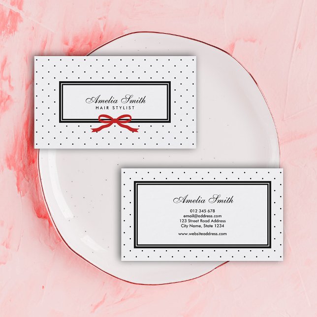 Modern Classic Black White Polka Dot Red Ribbon Business Card (Creator Uploaded)