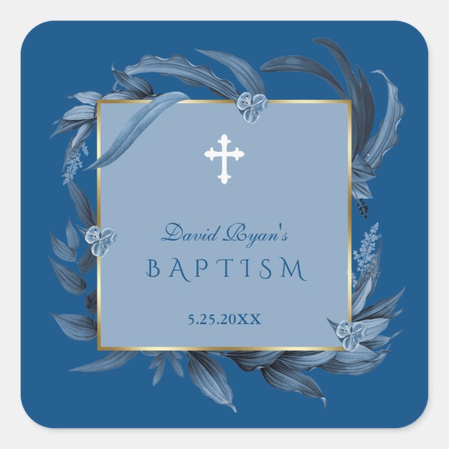 Modern Classic Blue Leaves Geometric Boy Baptism F Square Sticker (Front)
