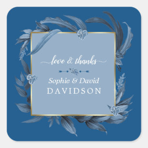 Modern Classic Blue Leaves Geometric Gold Wedding Square Sticker