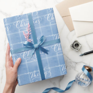 Modern Classic Blue Plaid Merry Christmas Holiday Wrapping Paper